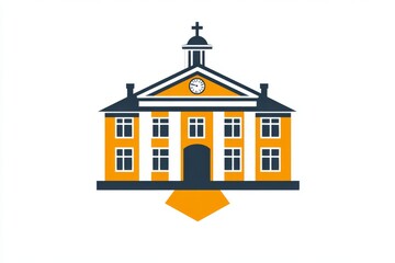 Yellow Building with Clock Tower and Arrow Icon