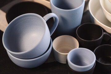 Matt ceramic handmade tableware in a workshop closeup