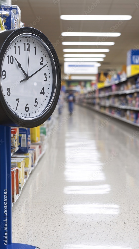 Poster A large countdown timer ticking down to the end of a flash sale with prices slashed and products flying off shelves Stock Photo with side copy space