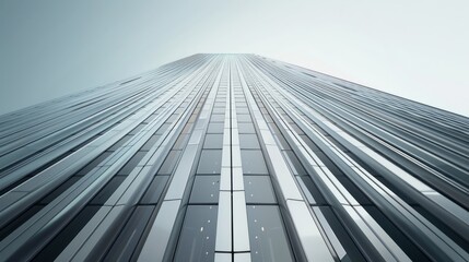 A striking architectural photograph showcasing a modern skyscraper with a titanium-clad facade. The building's sleek lines and reflective surface create a visually captivating image, symbolizing