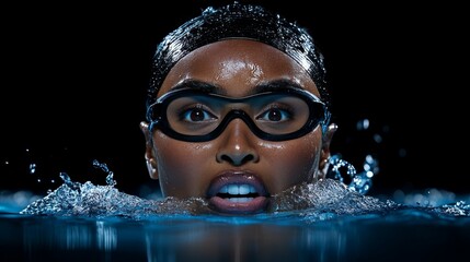 The Race is On: A powerful close-up portrait of a determined female swimmer breaking the surface of the water, capturing the intensity and focus of a competitive spirit.