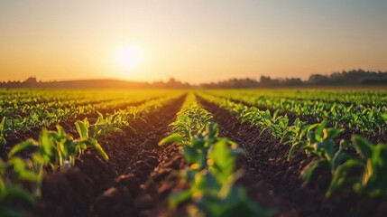 Vibrant green fields stretching toward the horizon under a golden sunrise, showcasing the beauty of rural agriculture.