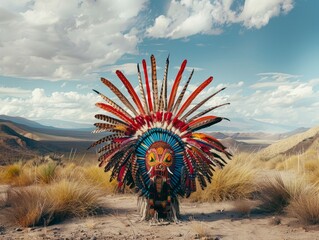 Nahuatl headdress against a stark desert landscape, blending traditional craftsmanship with contemporary aesthetics