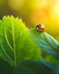 Fototapeta premium macro shot of a ladybug delicately perched on a vibrant green leaf, the sun casting a warm glow on the intricate details of its tiny body. The background is a blurred expanse of lush foliage