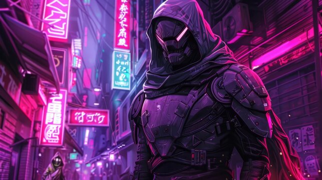 digital artwork depicting a lone bounty hunter clad in futuristic armor, standing defiantly in a neon-lit alley lined with holographic advertisements, their hooded cobra emblem subtly