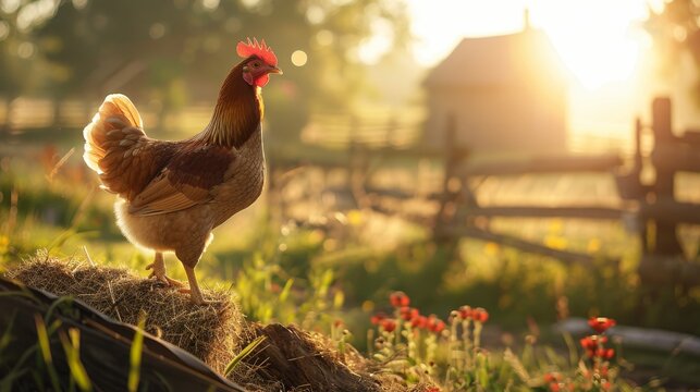 Curious chicken in a sunlit barnyard surrounded by rustic farm elements and gentle sunlight glow