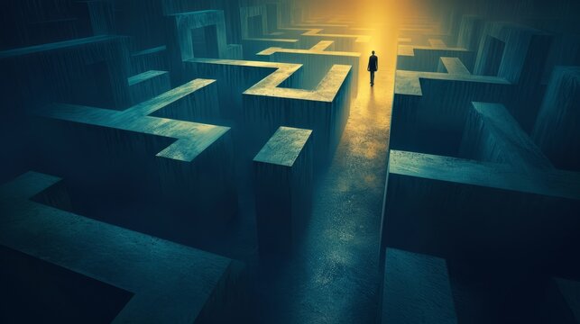 person navigating a maze with a spotlight focused on the path ahead, symbolizing the importance of strategic decision-making and avoiding pitfalls. Colors: Stark contrasts between light and shadow
