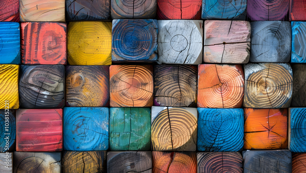 Poster colorful wooden blocks arranged in a grid pattern, each block painted with different colors and text
