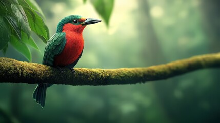 Colorful bird perched on a mossy branch in a lush green forest setting.