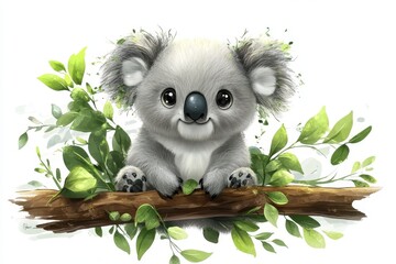 Cute Koala Bear Sitting on a Branch with Green Leaves