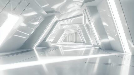 A futuristic, minimalist hallway with clean lines and geometric shapes.