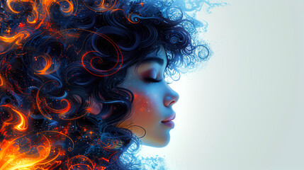 Attractive woman with long curly hair with fiery splashes, close-up. The woman's eyes are closed, and her face has a serene expression. A backdrop for advertising a beauty salon