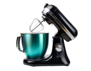 Black kitchen mixer with green bowl, isolated on white background, ideal for baking and cooking preparation.