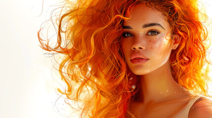 Fototapeta premium A beauty with a shock of red hair on a white background. A pretty young woman with orange fiery hair and sensual eyes. Advertising of a beauty salon. The most beautiful woman