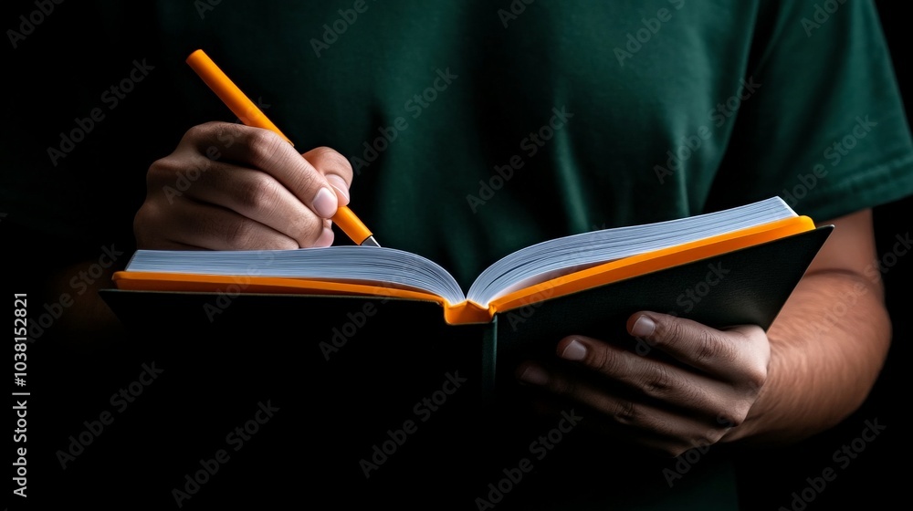 Poster hand writing in notebook: a close-up shot of a hand writing in a notebook, capturing the intimate ac