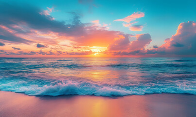 Obraz premium Beautiful coast at sunset, waves hitting the sand, mobile wallpaper, computer wallpaper