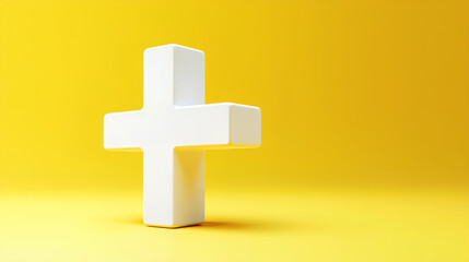 Obraz premium A simple, white cross rendered in 3D against a vibrant yellow background.