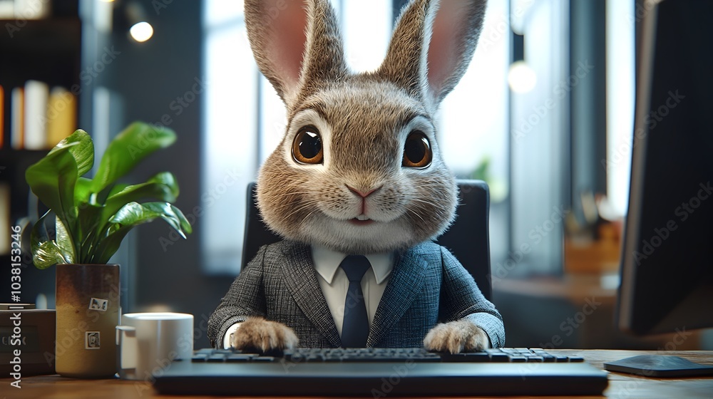 Poster rabbit businessman typing at desktop computer in modern office setting