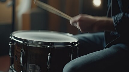 Fototapeta premium A close-up of a snare drum being played in a studio, with the musician's hands moving quickly, creating a blurred effect on the drumsticks. --chaos