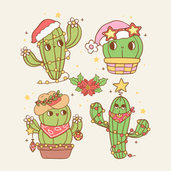 group of Cute Retro Christmas cowboy cactus hand drawn cartoon character doodle