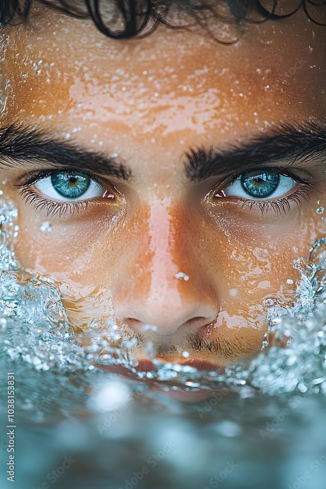 Poster close-up of a young man's face partially submerged in water, emphasizing expression and emotion.
