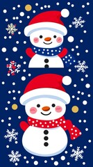 Cute Christmas Snowmen with Red Hats and Scarves on Blue Background