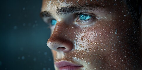 Close-up of a young man's face with water droplets, highlighting emotions and intensity.