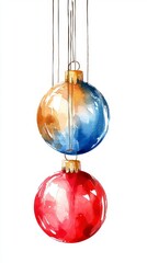 Watercolor Christmas Baubles Hanging Isolated on White Background