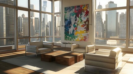 Minimalist Living Room with Striking Abstract Art A Modern Haven Basked in Warm Sunlight and City Skyline Views