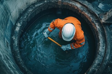 A worker in an orange jumpsuit and white helmet is cleaning the sewer well with green water, top view. 