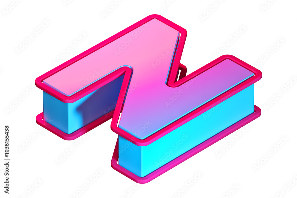 Poster 3d isometric letter n with purple-pink gradient and cyan blue edges. 3d rendering font suitable for 