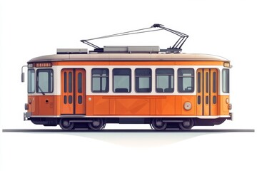 Naklejka premium Orange Vintage Tram on Railway Tracks Public Transportation Urban City Travel Railway 