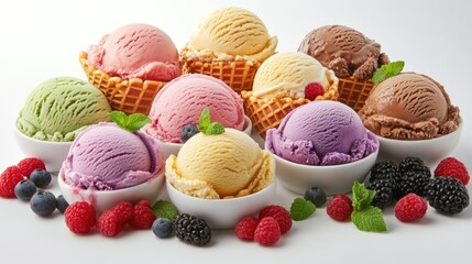 Vibrant Array of Ice Cream Flavors in Waffle and Bowls