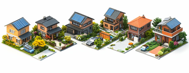 Row of Modern Houses with Solar Panels and Green Yards.