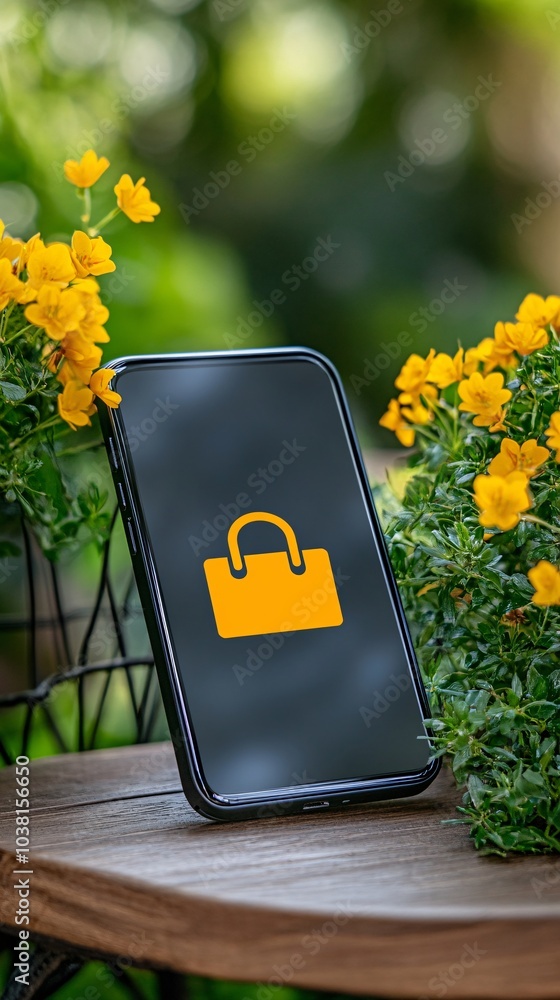 Poster A mobile app screen showing a secure payment section with bold sale icons and discounted prices Stock Photo with side copy space