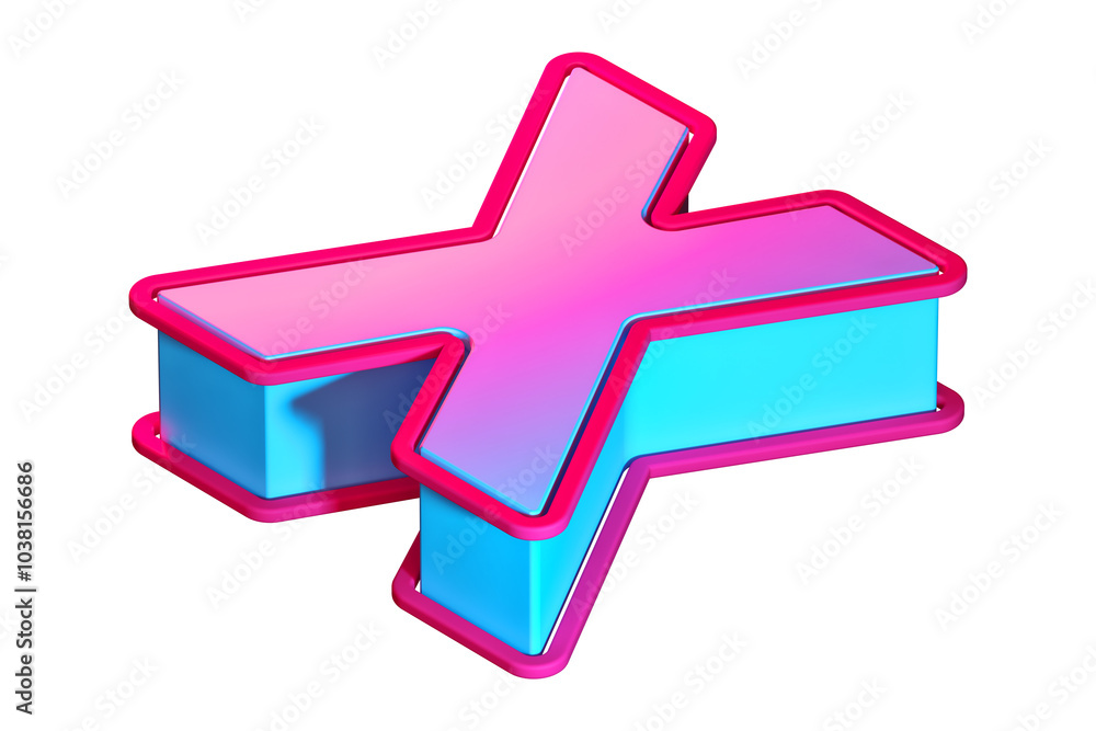 Poster 3d isometric letter x with purple-pink gradient and cyan blue edges. 3d rendering font suitable for 