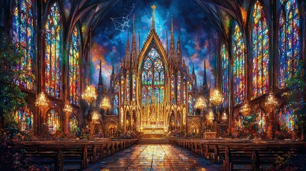 Obraz premium 1. A vibrant, illuminated Gothic cathedral interior featuring stained glass windows, chandeliers, and reflecting light on a polished floor.