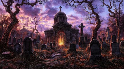 An eerie, twilight cemetery scene featuring a gothic mausoleum, overgrown with vines, surrounded by ancient gravestones under a dramatic, colorful sky.