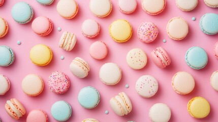 Pastel Colored Macarons Scattered on Pink Background
