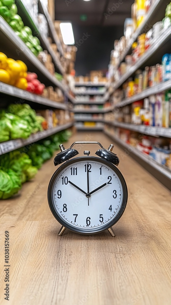 Poster An animated countdown clock running out during a flash sale with products disappearing from shelves Stock Photo with side copy space