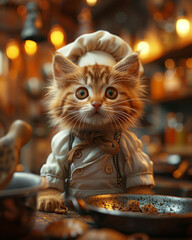 cute kitten dressed in chef outfit, surrounded by cozy kitchen filled with warm lights and cooking utensils, exudes playful and charming atmosphere