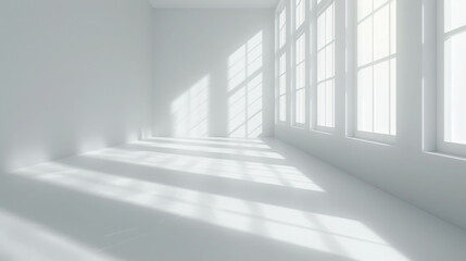 Fototapeta premium bright, minimalistic interior space with white walls and large windows allowing sunlight to create soft shadows on floor. serene atmosphere evokes sense of calm and openness