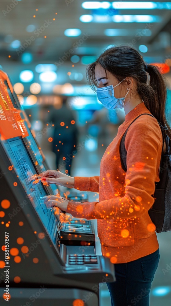 Aufkleber A shopper completing a secure checkout while large discount tags and sale icons cover the screen Stock Photo with side copy space