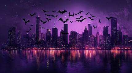 Obraz premium A flock of bats flying across the night sky, with the faint glow of city lights on the horizon, contrasting the natural and urban worlds. --chaos