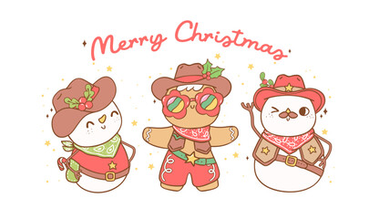 Cute Retro Christmas banner Cowboy happy Santa, snowman and gingerbread man hand drawn cartoon doodle collection