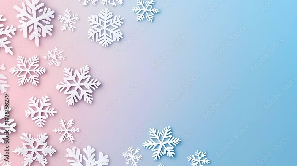 Poster the image contains a pink and blue background with white snowflakes scattered on it. the snowflakes 