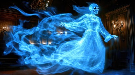 Fototapeta premium A ghostly figure wearing a flowing white dress haunts a dimly lit Victorian mansion, with flickering candles in the background. --chaos