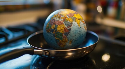A globe placed in a frying pan, symbolizing the heating of the planet and global warming's impact on temperatures worldwide. --chaos