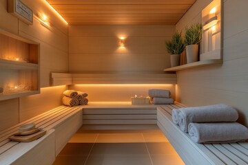 Obraz premium Modern Wooden Sauna Interior with Towels and Lighting
