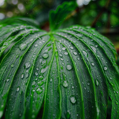 Obraz premium Close-up of a vibrant green leaf with water droplets, showcasing the intricate details of the leaf's texture and the clarity of the droplets. Ideal for nature, freshness, and environmental themes. 